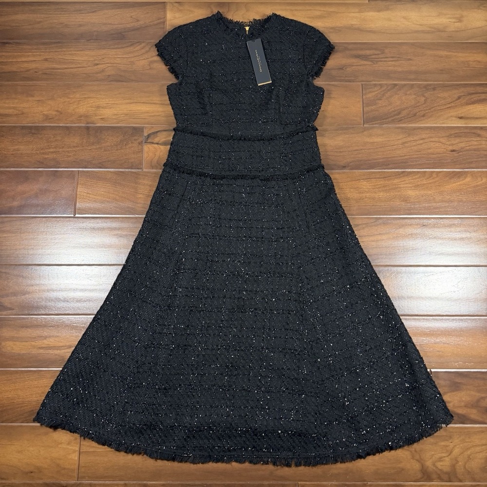 Donna Karan Women's Size 4 Black Metallic Tweed Midi Dress Cap Sleeve